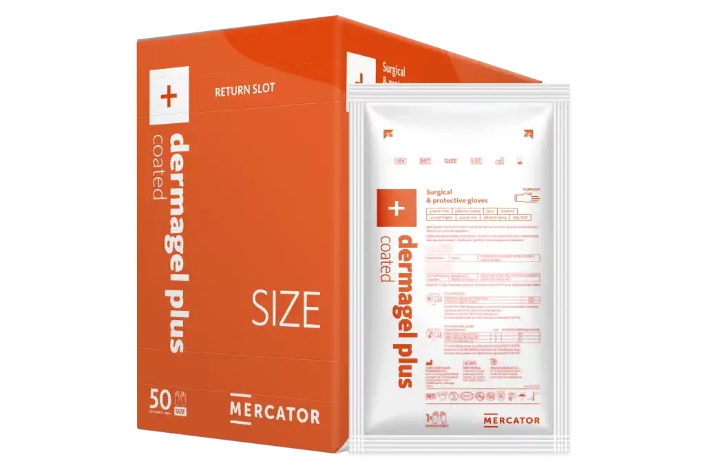 dermagel plus coated dabīga lateksa cimdi, sterili